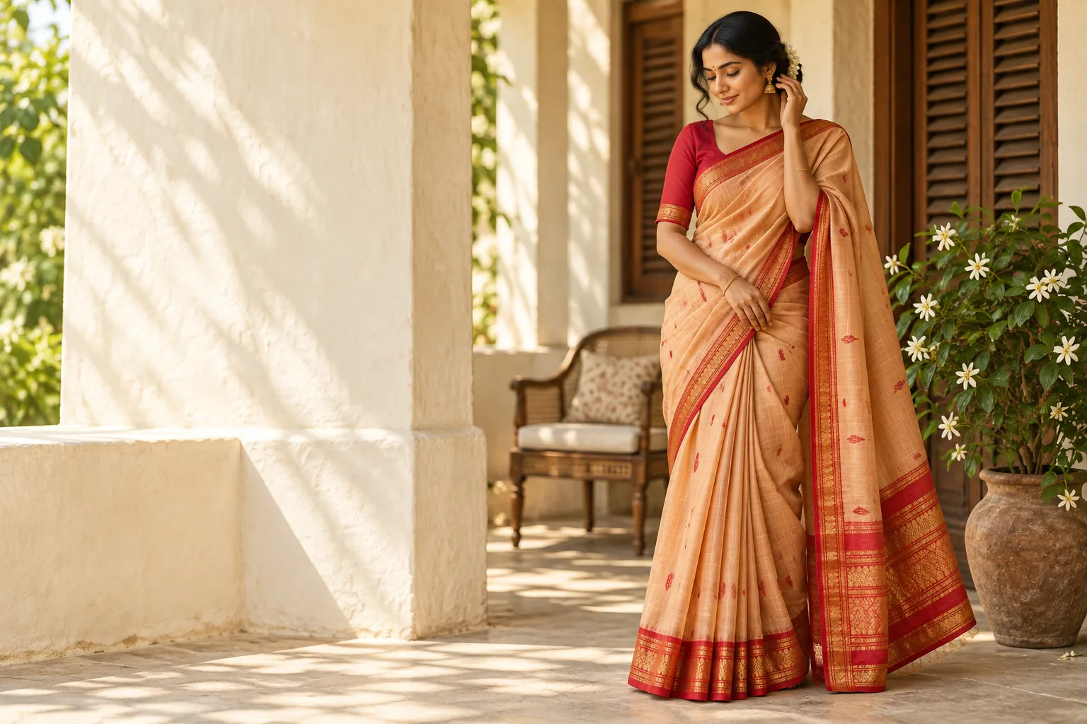 Cotton saree styling inspiration in a sunny veranda