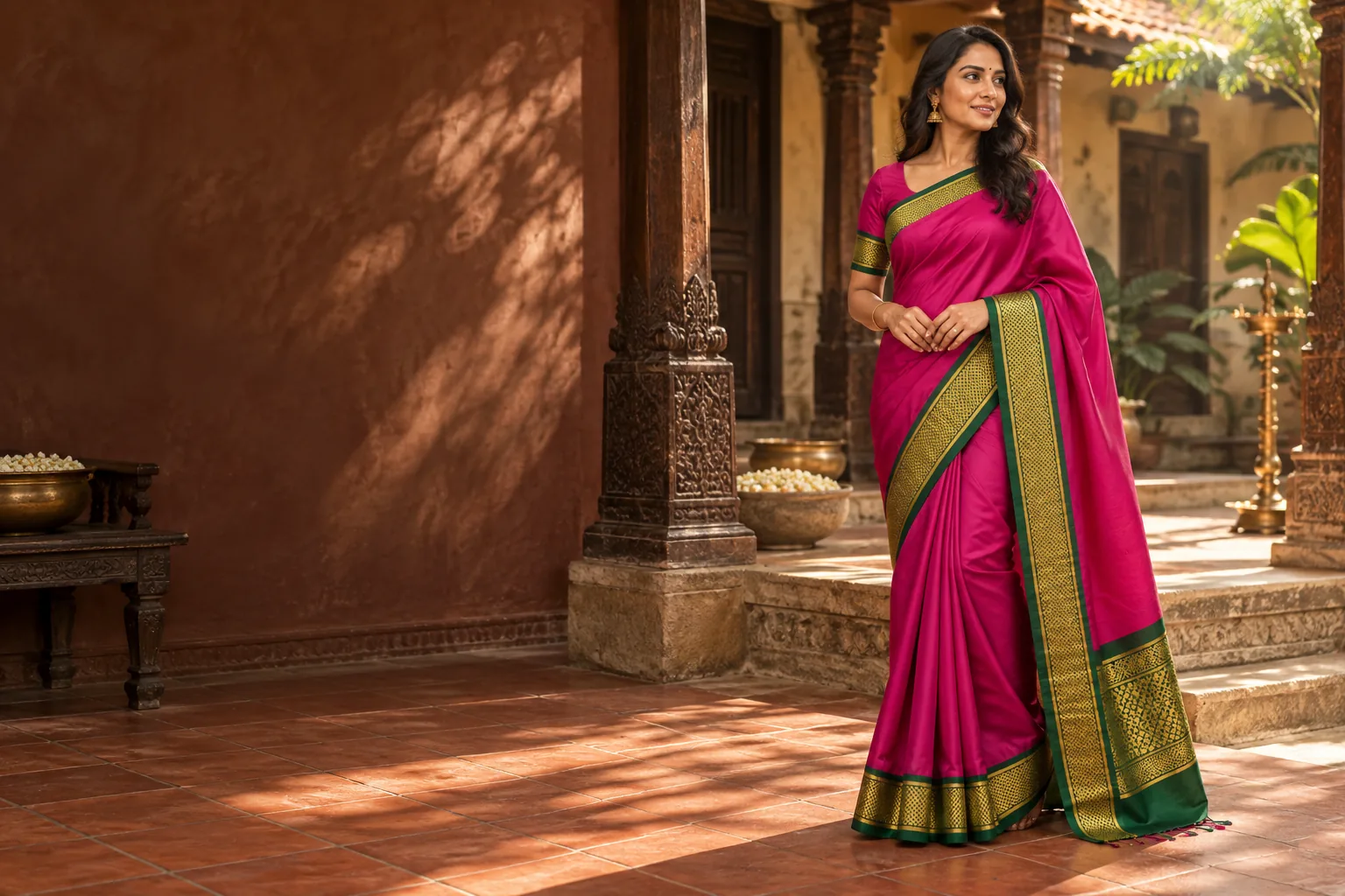 Heritage silk styling inspiration in a sunlit courtyard